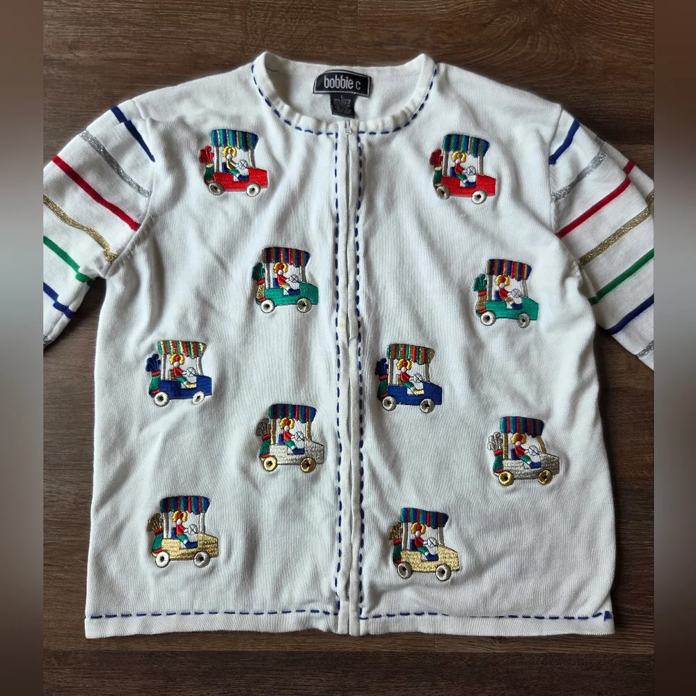 Vintage Bobbie C Embroidered Golf Patch Knit Cardigan Jacket Women Full Zip sz L - Picture 2 of 10